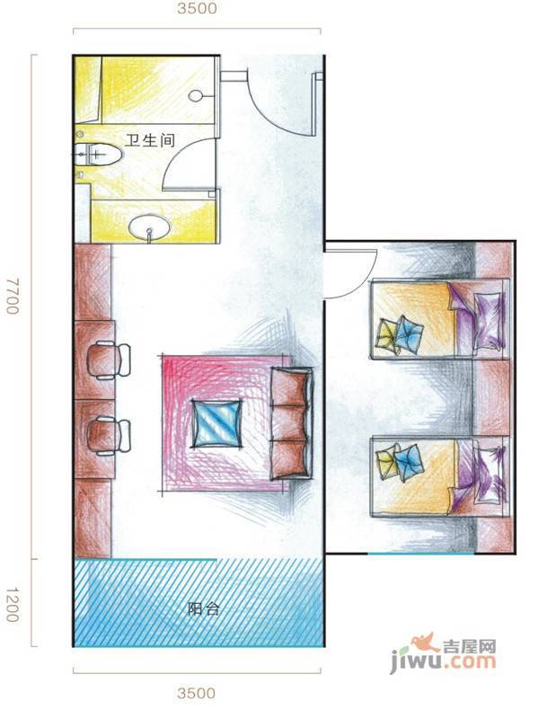 中天城理想中心2室1厅1卫56.7㎡户型图