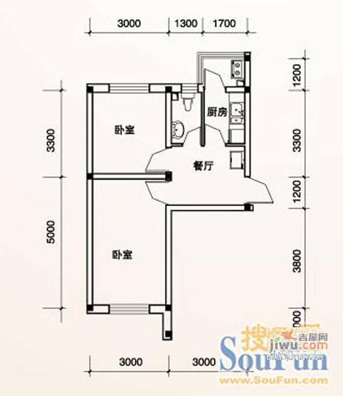 富锋清华园2室1厅1卫48.2㎡户型图