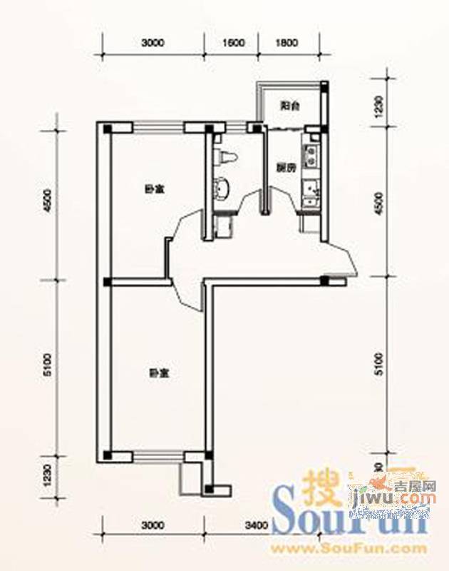 富锋清华园2室2厅1卫53.8㎡户型图