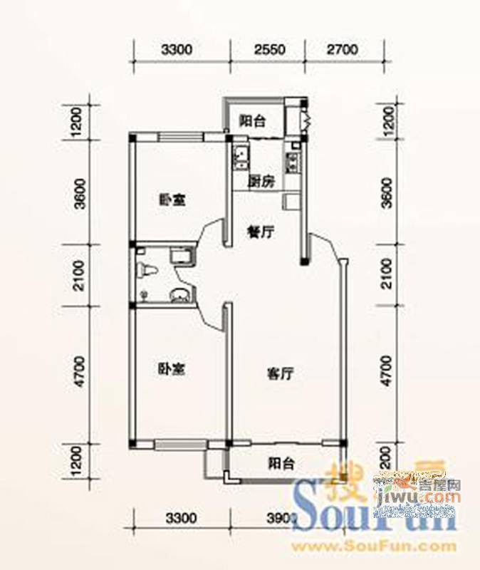 富锋清华园2室2厅1卫87.8㎡户型图