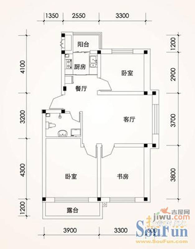 富锋清华园3室2厅1卫94.2㎡户型图