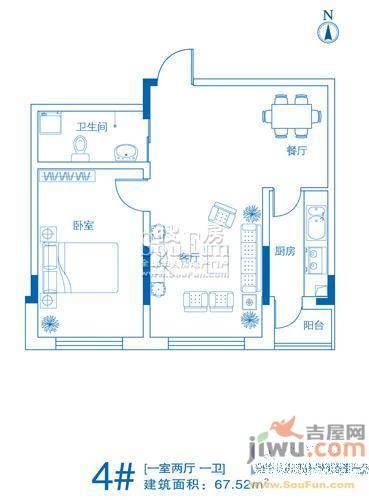 天富北苑1室2厅1卫67.5㎡户型图