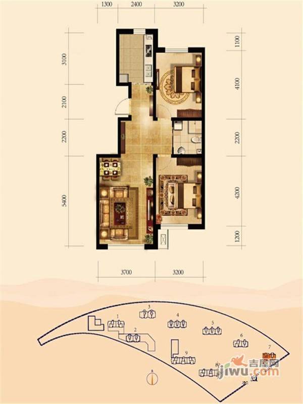 中铁香堤美郡2室2厅1卫90.7㎡户型图