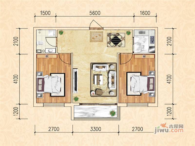 昊源高格蓝郡2室2厅1卫75㎡户型图