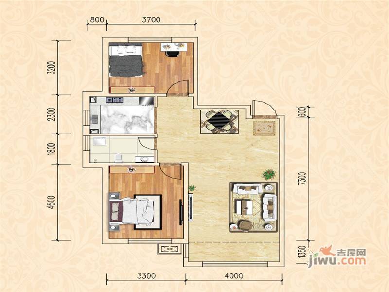 昊源高格蓝郡2室2厅1卫96㎡户型图