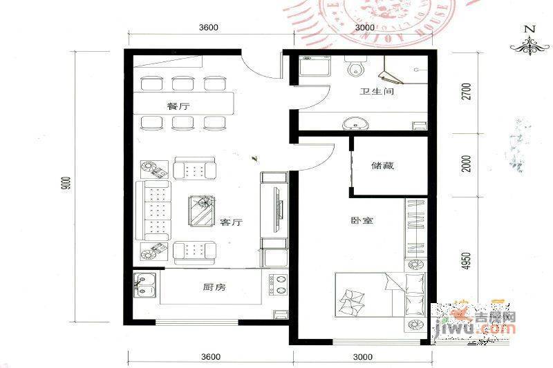 鑫鹏花园1室2厅1卫户型图