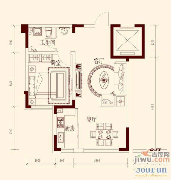 富苑华城1室1厅1卫27.8㎡户型图