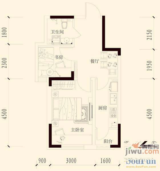 富苑华城1室1厅1卫27.8㎡户型图