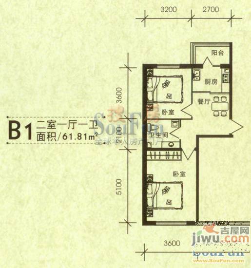 华泰世纪新城2室1厅1卫61.8㎡户型图