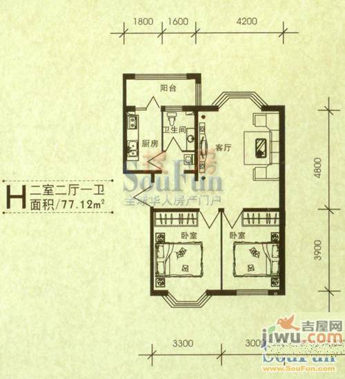 华泰世纪新城2室2厅1卫77.1㎡户型图