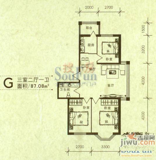 华泰世纪新城3室2厅1卫87.1㎡户型图