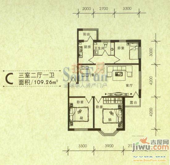 华泰世纪新城3室2厅1卫109.3㎡户型图