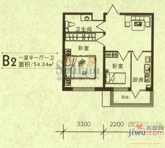 华泰世纪新城1室1厅1卫54.3㎡户型图