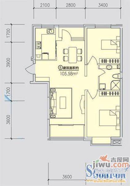 长影阳光景都3室2厅1卫108㎡户型图