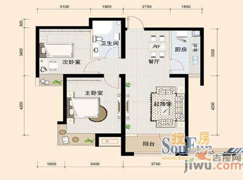 亚泰鼎盛国际2室2厅1卫120㎡户型图