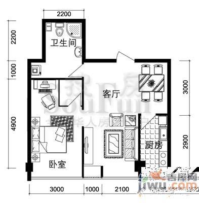 宜家国际公寓1室2厅1卫56.6㎡户型图