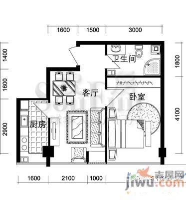 宜家国际公寓1室2厅1卫56.6㎡户型图