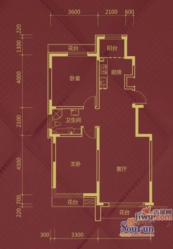 一品红城大厦2室1厅1卫93㎡户型图