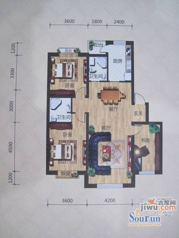 荣发时代新城3室2厅2卫129㎡户型图