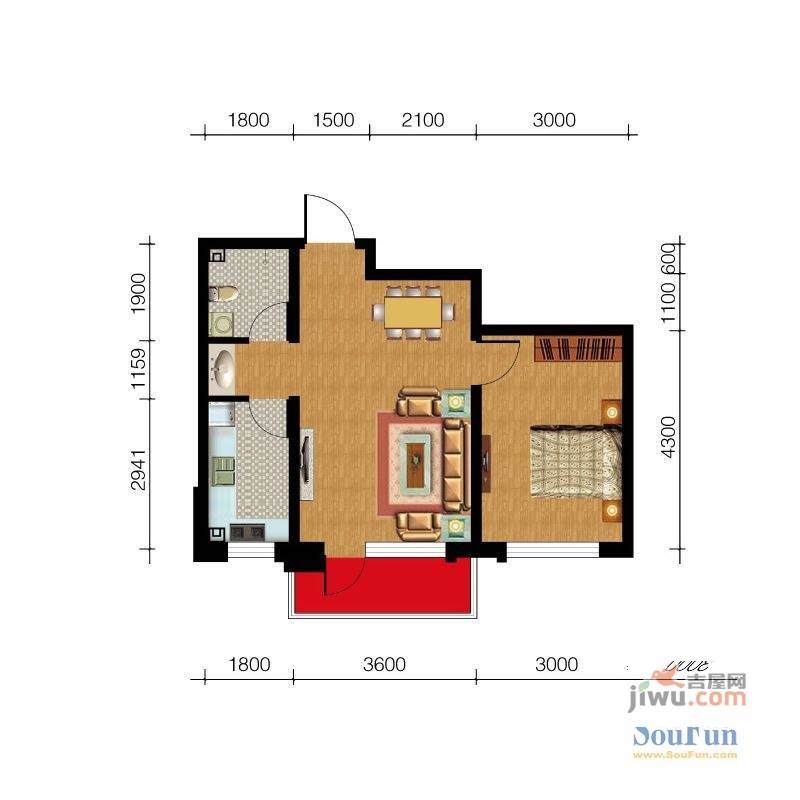 鑫港上上城1室1厅1卫59.3㎡户型图