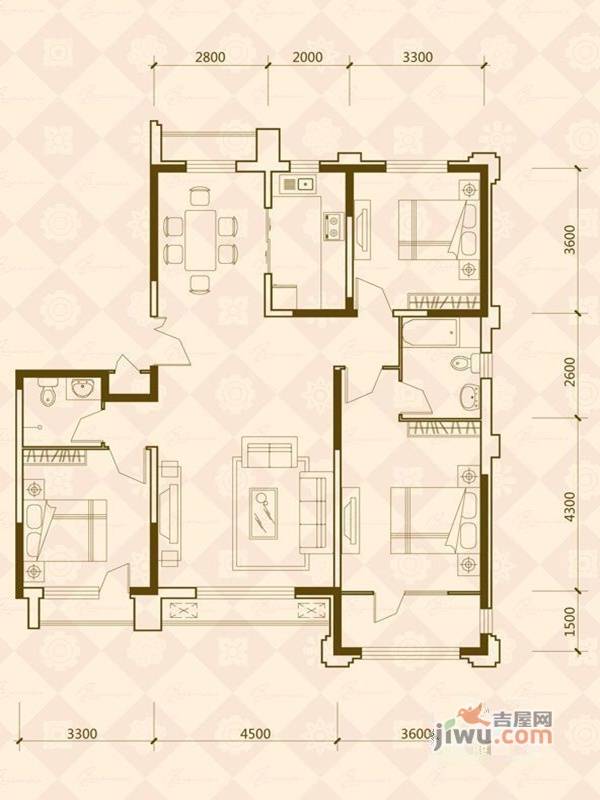 万晟爱琴海二期B区3室2厅2卫128.9㎡户型图