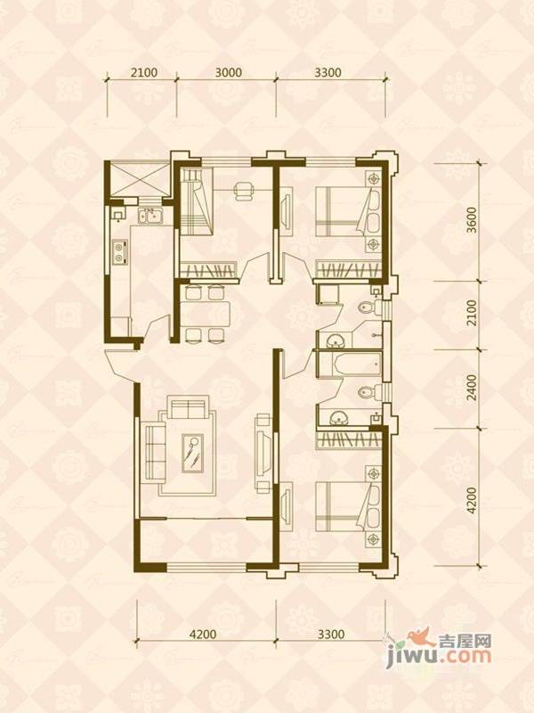 万晟爱琴海二期B区3室2厅2卫124.3㎡户型图