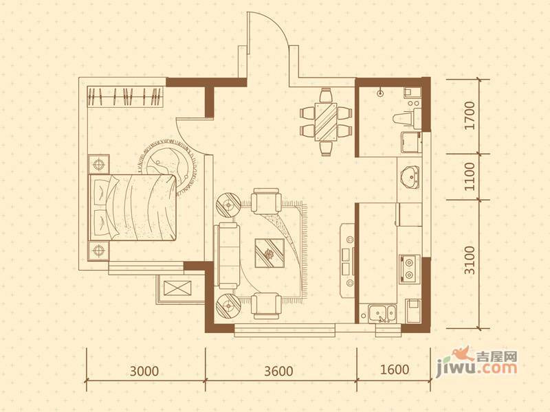 新星宇和悦1室2厅1卫58.3㎡户型图