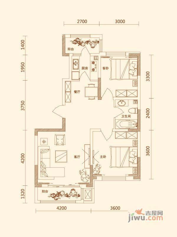 康诗丹郡2室2厅1卫90㎡户型图