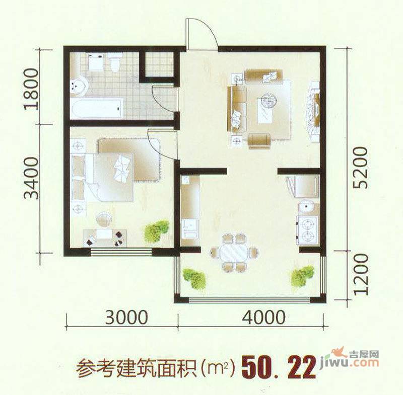 美韵星海西区1室1厅1卫50.2㎡户型图