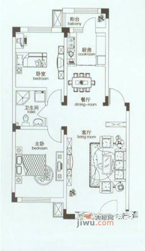 中海国际社区2室2厅1卫88㎡户型图