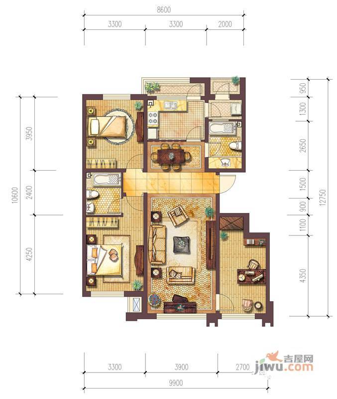 证大光明城3室2厅2卫116㎡户型图