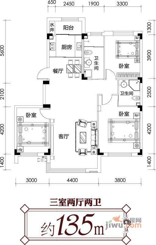 尊誉东方2室2厅1卫70㎡户型图