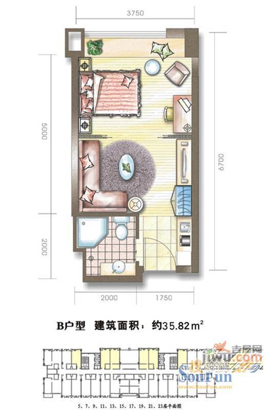 星河国际1室1厅1卫35.8㎡户型图