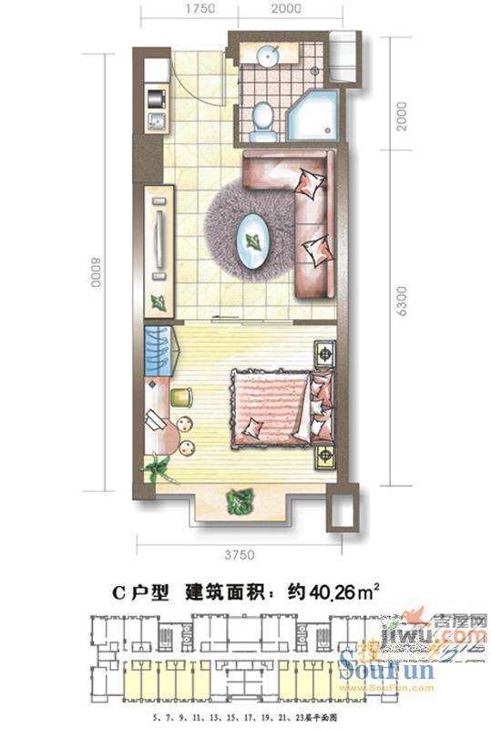 星河国际1室1厅1卫40.3㎡户型图