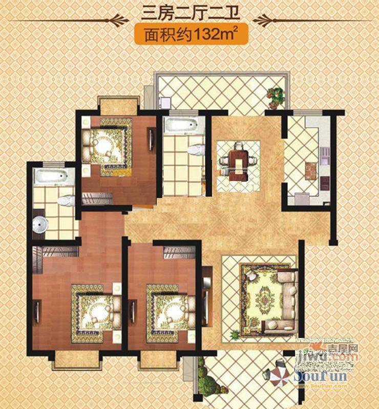 银河生态花园3室2厅2卫132㎡户型图