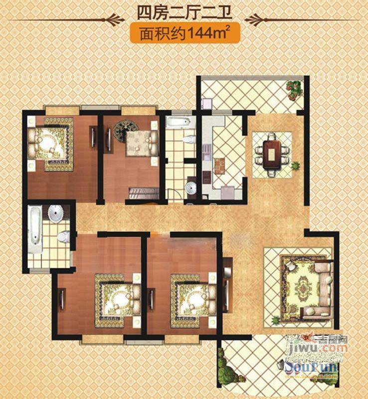 银河生态花园3室2厅2卫132㎡户型图