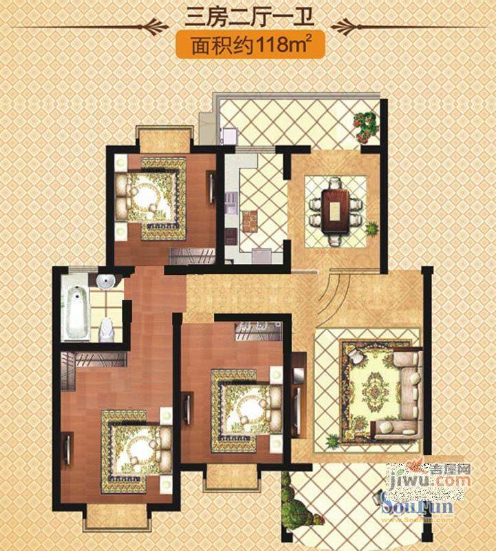 银河生态花园3室2厅2卫132㎡户型图