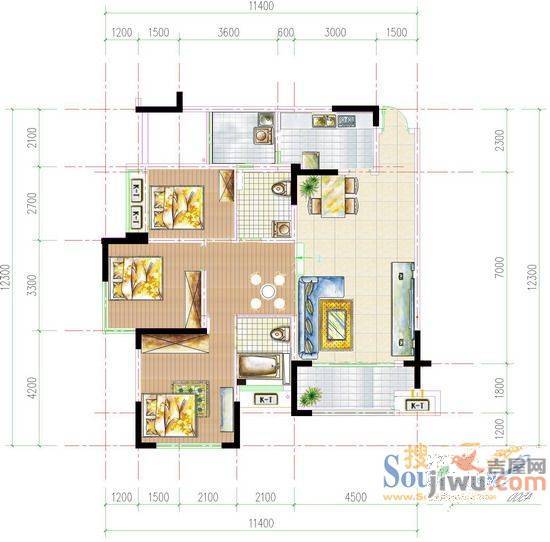 麻纺一区2室1厅1卫74㎡户型图