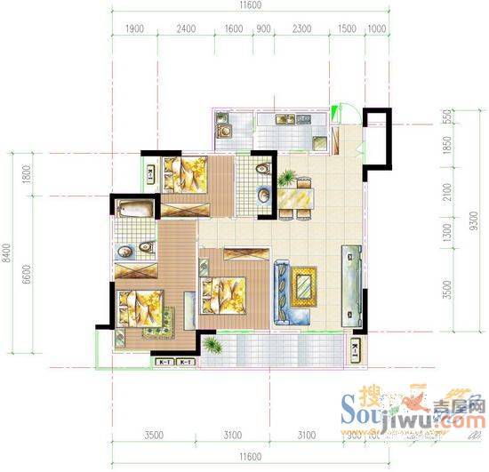 麻纺一区2室1厅1卫74㎡户型图