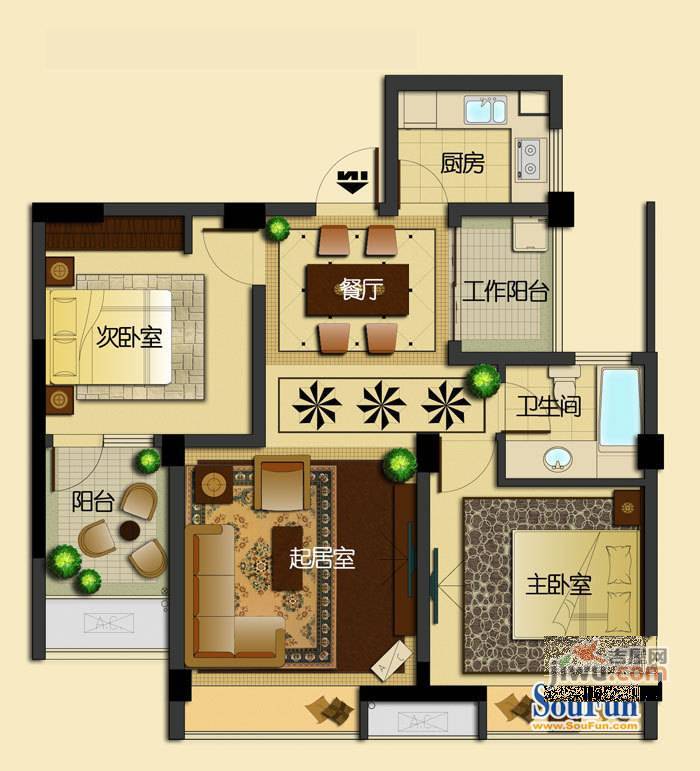 百花洲路小区2室2厅1卫户型图