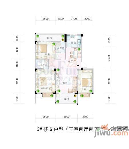 水岸菁华3室2厅2卫96.7㎡户型图