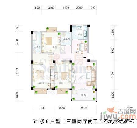 水岸菁华3室2厅2卫96.7㎡户型图