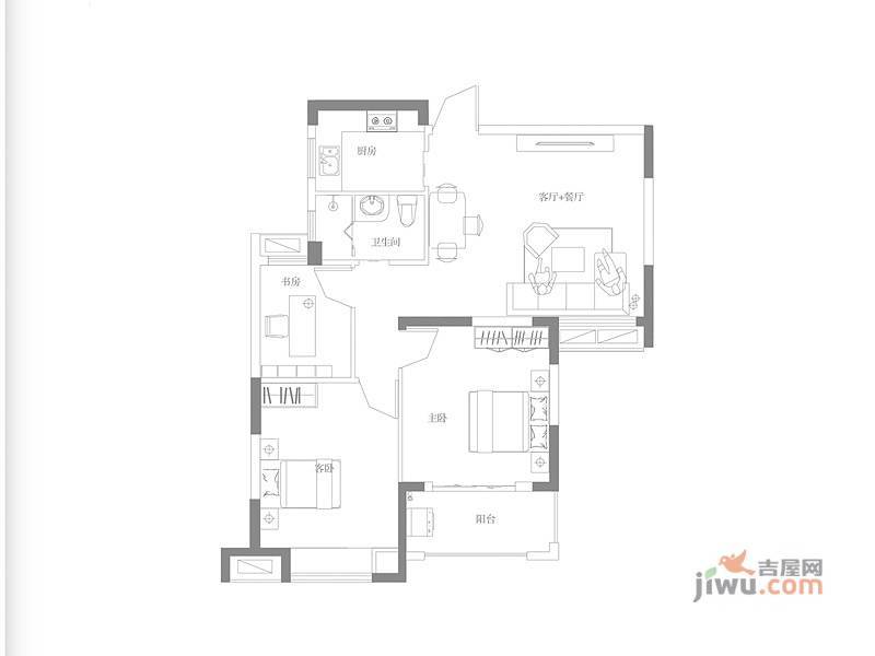 绿地学府公馆3室1厅1卫90㎡户型图