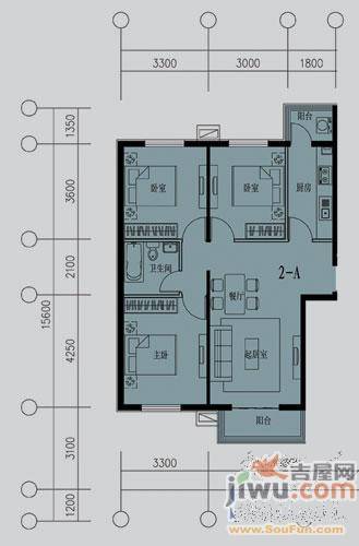 东港龙城二期水悦阳光3室1厅1卫96.6㎡户型图