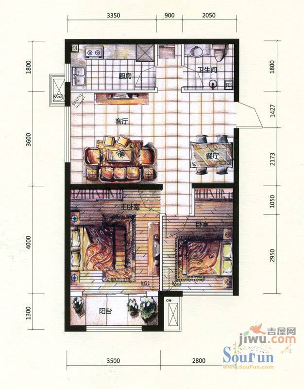 尚湖名筑2室2厅1卫79.5㎡户型图