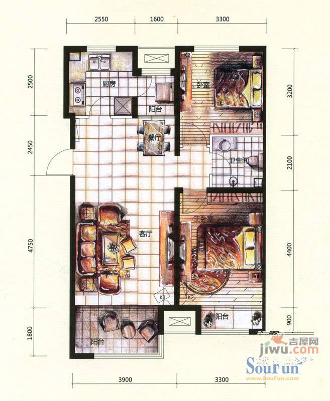 尚湖名筑2室2厅1卫95.3㎡户型图