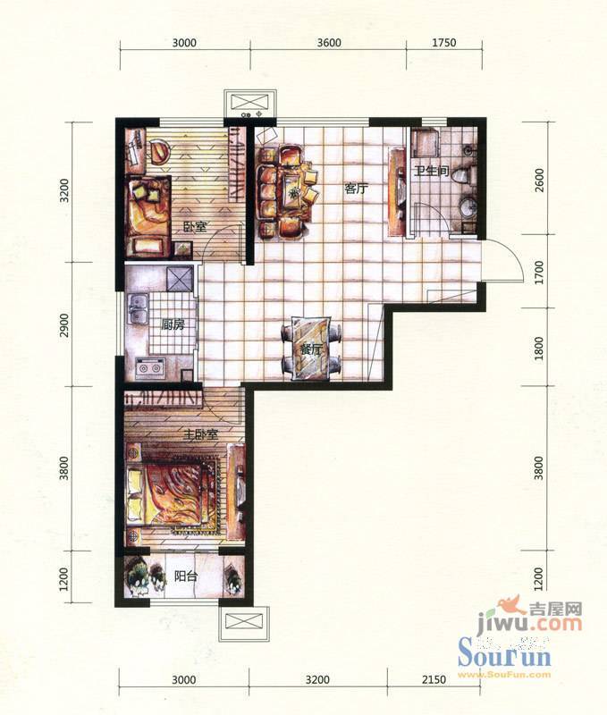 尚湖名筑2室2厅1卫76.3㎡户型图