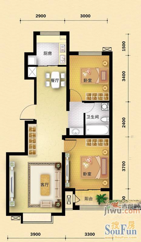 金岸世铭2室2厅1卫85.1㎡户型图