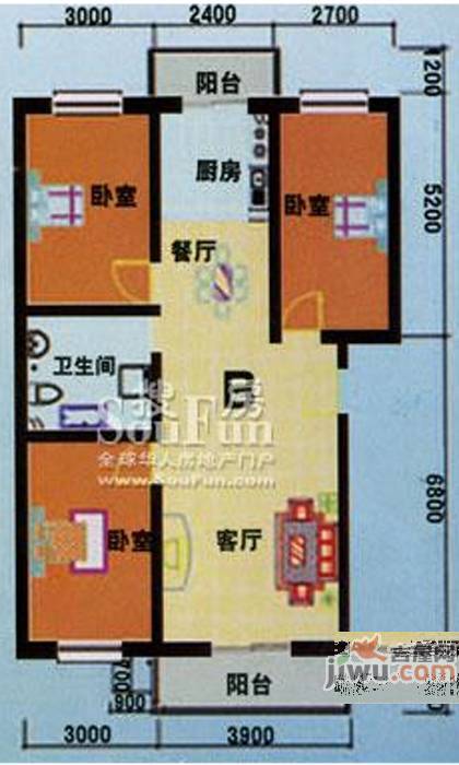 祥和家园3室2厅1卫108.8㎡户型图