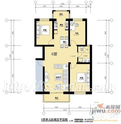 恒益馨苑3室2厅1卫100.1㎡户型图